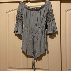 3/4 Lace Sleeve Light Blue Woven Romper